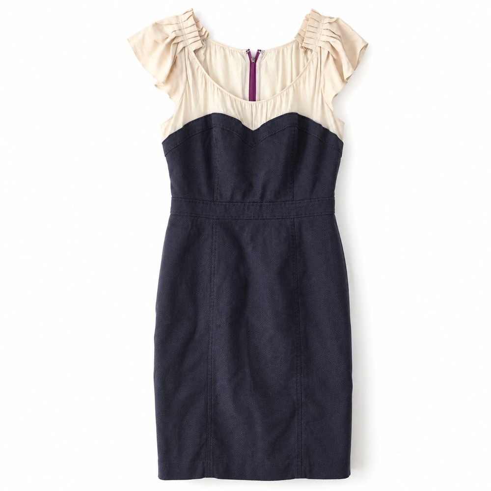 Silk Linen Colorblock Sheath Dress Flutter Sleeve Exposed Zip Lined Womens